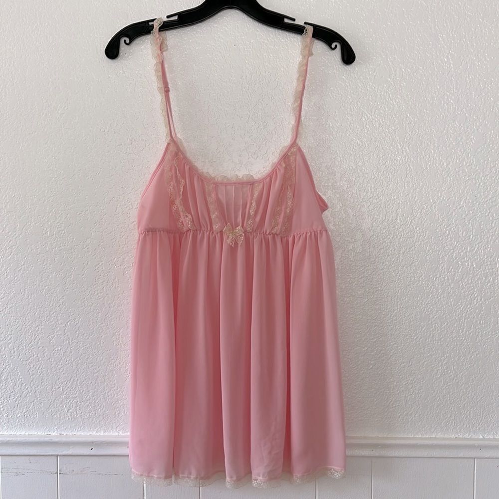 Vintage Y2K baby pink semi sheer baby doll Lolita fairy core mini dress L